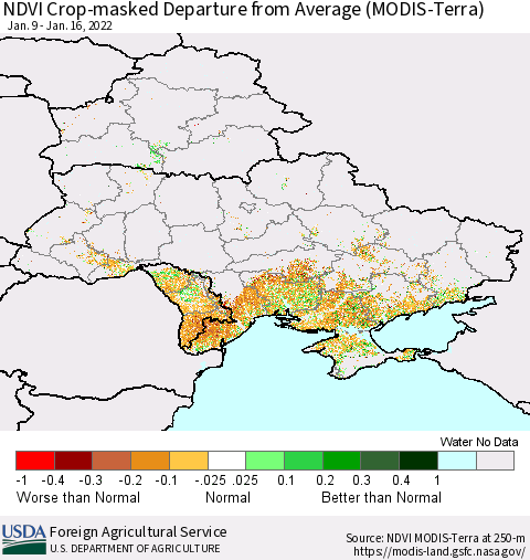 Ukraine, Moldova and Belarus Cropland NDVI Departure from Average (Terra-MODIS) Thematic Map For 1/11/2022 - 1/20/2022