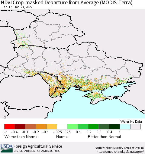 Ukraine, Moldova and Belarus Cropland NDVI Departure from Average (Terra-MODIS) Thematic Map For 1/21/2022 - 1/31/2022