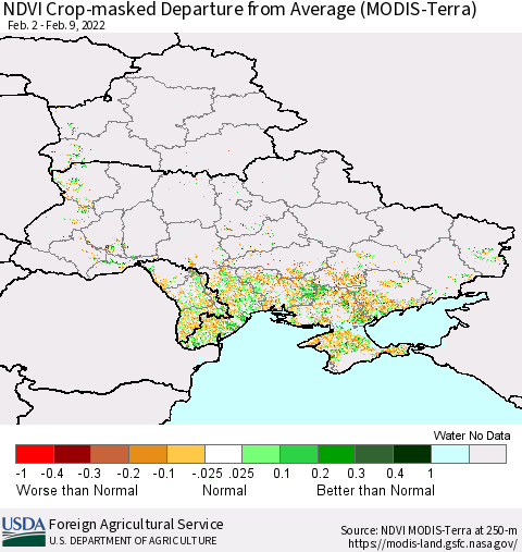 Ukraine, Moldova and Belarus Cropland NDVI Departure from Average (Terra-MODIS) Thematic Map For 2/1/2022 - 2/10/2022