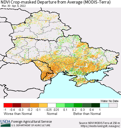 Ukraine, Moldova and Belarus Cropland NDVI Departure from Average (Terra-MODIS) Thematic Map For 4/1/2022 - 4/10/2022