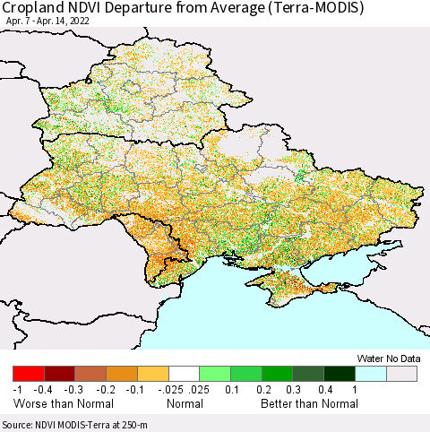 Ukraine, Moldova and Belarus Cropland NDVI Departure from Average (Terra-MODIS) Thematic Map For 4/7/2022 - 4/14/2022
