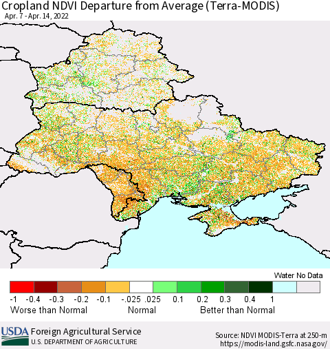 Ukraine, Moldova and Belarus Cropland NDVI Departure from Average (Terra-MODIS) Thematic Map For 4/11/2022 - 4/20/2022