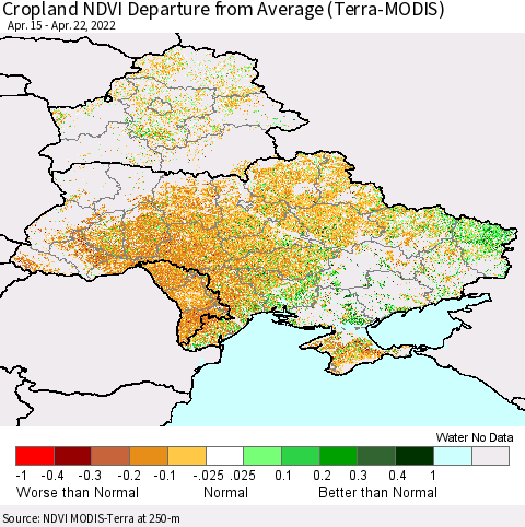 Ukraine, Moldova and Belarus Cropland NDVI Departure from Average (Terra-MODIS) Thematic Map For 4/15/2022 - 4/22/2022