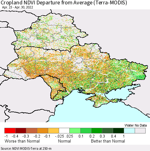Ukraine, Moldova and Belarus Cropland NDVI Departure from Average (Terra-MODIS) Thematic Map For 4/21/2022 - 4/30/2022