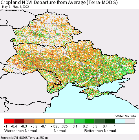 Ukraine, Moldova and Belarus Cropland NDVI Departure from Average (Terra-MODIS) Thematic Map For 5/1/2022 - 5/8/2022