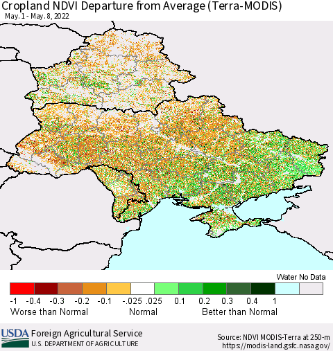 Ukraine, Moldova and Belarus Cropland NDVI Departure from Average (Terra-MODIS) Thematic Map For 5/1/2022 - 5/10/2022