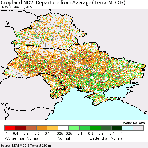 Ukraine, Moldova and Belarus Cropland NDVI Departure from Average (Terra-MODIS) Thematic Map For 5/9/2022 - 5/16/2022