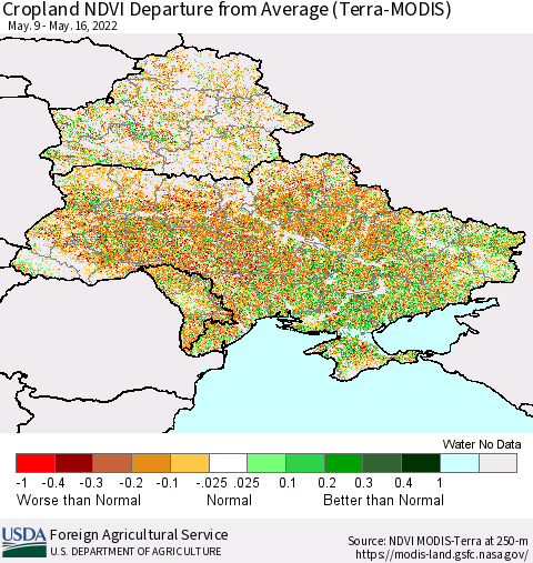Ukraine, Moldova and Belarus Cropland NDVI Departure from Average (Terra-MODIS) Thematic Map For 5/11/2022 - 5/20/2022