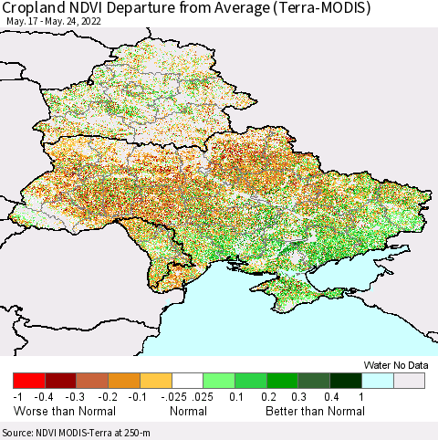Ukraine, Moldova and Belarus Cropland NDVI Departure from Average (Terra-MODIS) Thematic Map For 5/17/2022 - 5/24/2022
