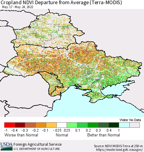 Ukraine, Moldova and Belarus Cropland NDVI Departure from Average (Terra-MODIS) Thematic Map For 5/21/2022 - 5/31/2022