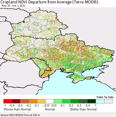 Ukraine, Moldova and Belarus Cropland NDVI Departure from Average (Terra-MODIS) Thematic Map For 5/25/2022 - 6/1/2022