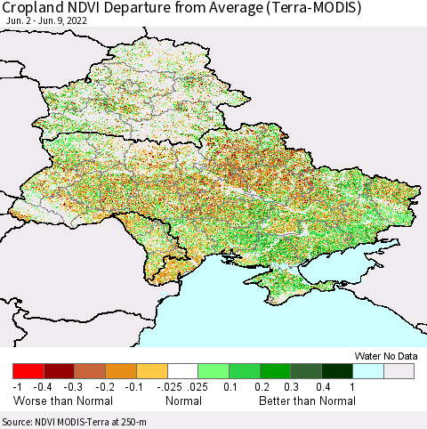 Ukraine, Moldova and Belarus Cropland NDVI Departure from Average (Terra-MODIS) Thematic Map For 6/2/2022 - 6/9/2022