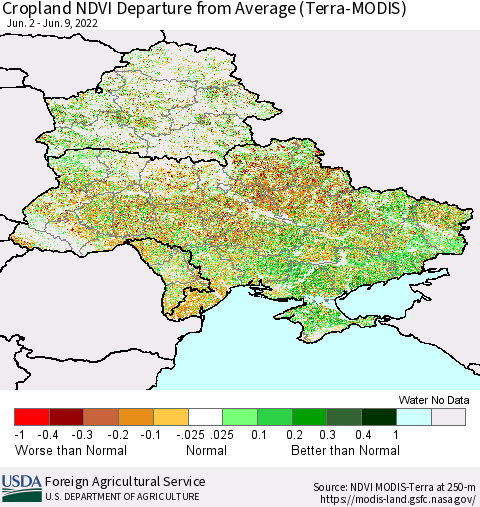 Ukraine, Moldova and Belarus Cropland NDVI Departure from Average (Terra-MODIS) Thematic Map For 6/1/2022 - 6/10/2022