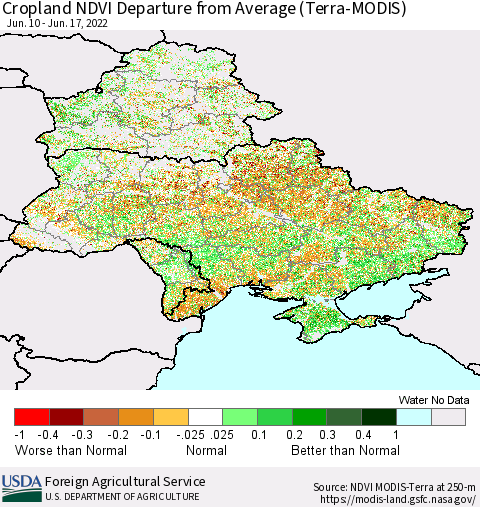 Ukraine, Moldova and Belarus Cropland NDVI Departure from Average (Terra-MODIS) Thematic Map For 6/11/2022 - 6/20/2022