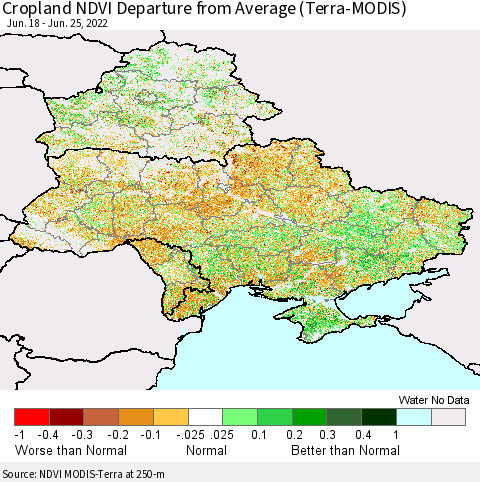 Ukraine, Moldova and Belarus Cropland NDVI Departure from Average (Terra-MODIS) Thematic Map For 6/18/2022 - 6/25/2022