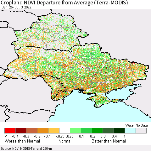 Ukraine, Moldova and Belarus Cropland NDVI Departure from Average (Terra-MODIS) Thematic Map For 6/26/2022 - 7/3/2022
