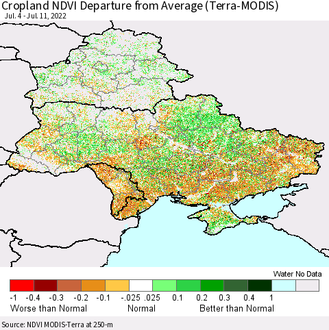 Ukraine, Moldova and Belarus Cropland NDVI Departure from Average (Terra-MODIS) Thematic Map For 7/4/2022 - 7/11/2022