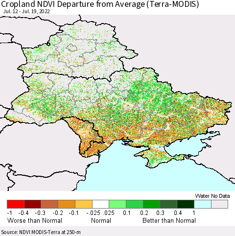 Ukraine, Moldova and Belarus Cropland NDVI Departure from Average (Terra-MODIS) Thematic Map For 7/12/2022 - 7/19/2022