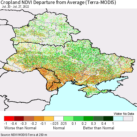 Ukraine, Moldova and Belarus Cropland NDVI Departure from Average (Terra-MODIS) Thematic Map For 7/20/2022 - 7/27/2022