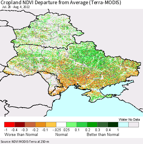 Ukraine, Moldova and Belarus Cropland NDVI Departure from Average (Terra-MODIS) Thematic Map For 7/28/2022 - 8/4/2022