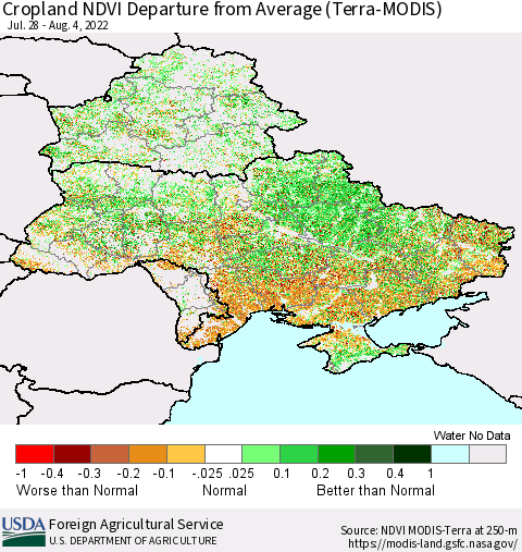 Ukraine, Moldova and Belarus Cropland NDVI Departure from Average (Terra-MODIS) Thematic Map For 8/1/2022 - 8/10/2022