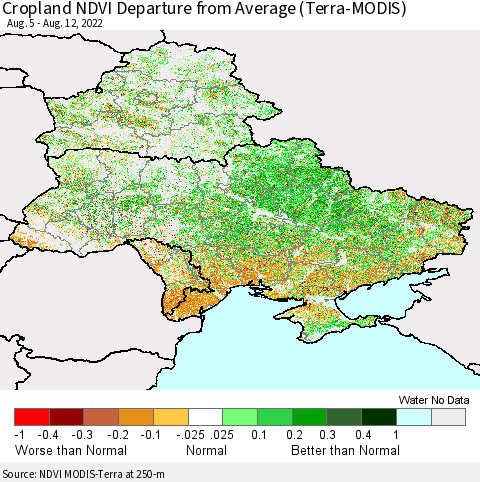 Ukraine, Moldova and Belarus Cropland NDVI Departure from Average (Terra-MODIS) Thematic Map For 8/5/2022 - 8/12/2022