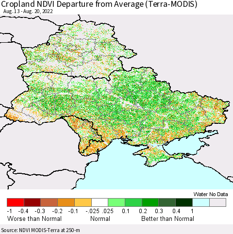 Ukraine, Moldova and Belarus Cropland NDVI Departure from Average (Terra-MODIS) Thematic Map For 8/11/2022 - 8/20/2022