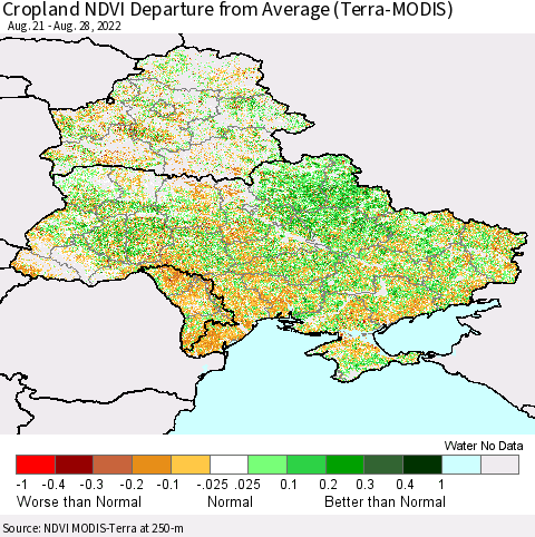 Ukraine, Moldova and Belarus Cropland NDVI Departure from Average (Terra-MODIS) Thematic Map For 8/21/2022 - 8/28/2022