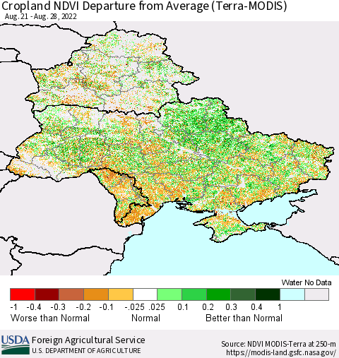 Ukraine, Moldova and Belarus Cropland NDVI Departure from Average (Terra-MODIS) Thematic Map For 8/21/2022 - 8/31/2022
