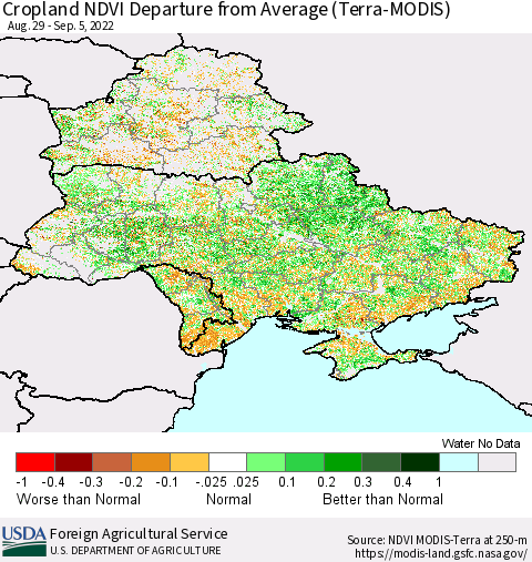 Ukraine, Moldova and Belarus Cropland NDVI Departure from Average (Terra-MODIS) Thematic Map For 9/1/2022 - 9/10/2022