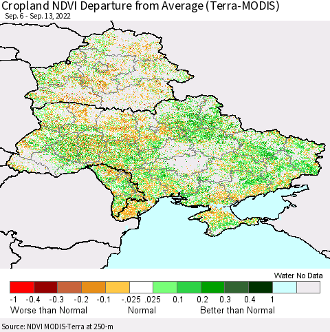 Ukraine, Moldova and Belarus Cropland NDVI Departure from Average (Terra-MODIS) Thematic Map For 9/6/2022 - 9/13/2022