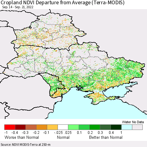 Ukraine, Moldova and Belarus Cropland NDVI Departure from Average (Terra-MODIS) Thematic Map For 9/14/2022 - 9/21/2022