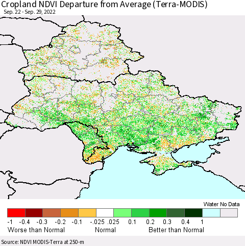 Ukraine, Moldova and Belarus Cropland NDVI Departure from Average (Terra-MODIS) Thematic Map For 9/22/2022 - 9/29/2022