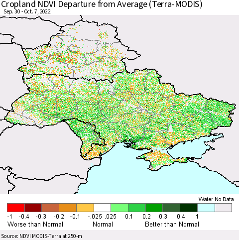 Ukraine, Moldova and Belarus Cropland NDVI Departure from Average (Terra-MODIS) Thematic Map For 9/30/2022 - 10/7/2022