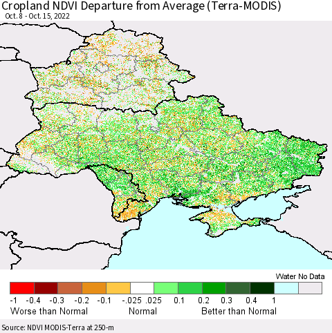 Ukraine, Moldova and Belarus Cropland NDVI Departure from Average (Terra-MODIS) Thematic Map For 10/8/2022 - 10/15/2022