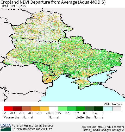 Ukraine, Moldova and Belarus Cropland NDVI Departure from Average (Terra-MODIS) Thematic Map For 10/11/2022 - 10/20/2022