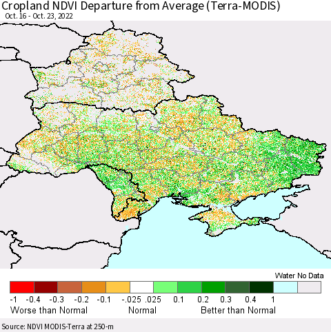 Ukraine, Moldova and Belarus Cropland NDVI Departure from Average (Terra-MODIS) Thematic Map For 10/16/2022 - 10/23/2022