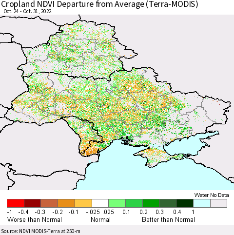 Ukraine, Moldova and Belarus Cropland NDVI Departure from Average (Terra-MODIS) Thematic Map For 10/21/2022 - 10/31/2022