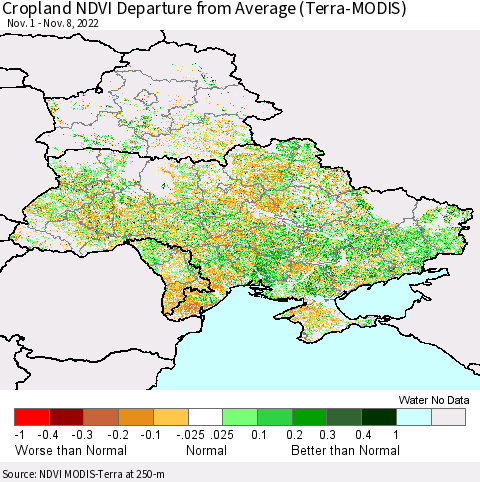 Ukraine, Moldova and Belarus Cropland NDVI Departure from Average (Terra-MODIS) Thematic Map For 11/1/2022 - 11/8/2022