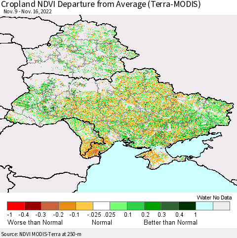 Ukraine, Moldova and Belarus Cropland NDVI Departure from Average (Terra-MODIS) Thematic Map For 11/9/2022 - 11/16/2022