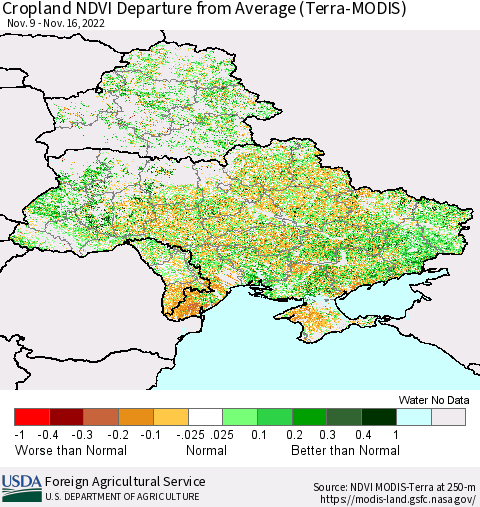 Ukraine, Moldova and Belarus Cropland NDVI Departure from Average (Terra-MODIS) Thematic Map For 11/11/2022 - 11/20/2022