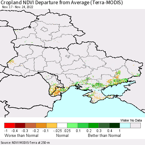 Ukraine, Moldova and Belarus Cropland NDVI Departure from Average (Terra-MODIS) Thematic Map For 11/17/2022 - 11/24/2022