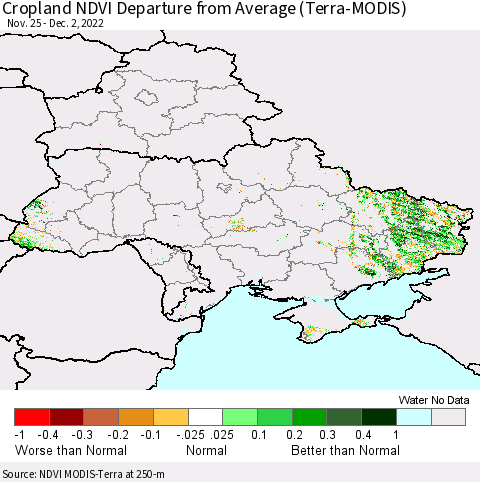 Ukraine, Moldova and Belarus Cropland NDVI Departure from Average (Terra-MODIS) Thematic Map For 11/25/2022 - 12/2/2022