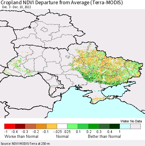 Ukraine, Moldova and Belarus Cropland NDVI Departure from Average (Terra-MODIS) Thematic Map For 12/1/2022 - 12/10/2022