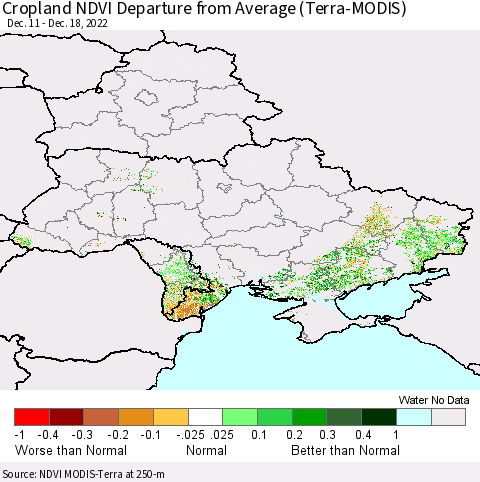 Ukraine, Moldova and Belarus Cropland NDVI Departure from Average (Terra-MODIS) Thematic Map For 12/11/2022 - 12/18/2022