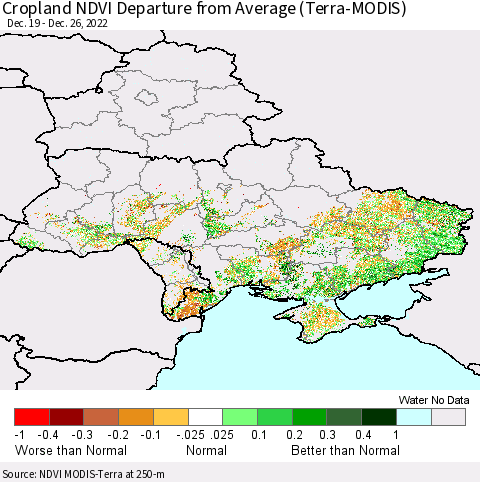 Ukraine, Moldova and Belarus Cropland NDVI Departure from Average (Terra-MODIS) Thematic Map For 12/19/2022 - 12/26/2022