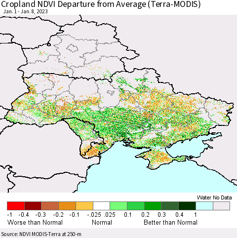 Ukraine, Moldova and Belarus Cropland NDVI Departure from Average (Terra-MODIS) Thematic Map For 1/1/2023 - 1/8/2023