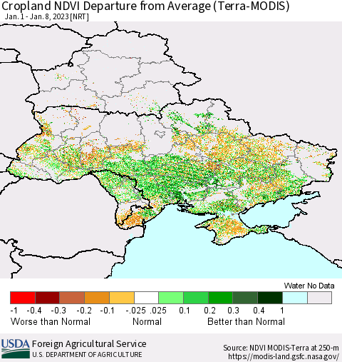Ukraine, Moldova and Belarus Cropland NDVI Departure from Average (Terra-MODIS) Thematic Map For 1/1/2023 - 1/10/2023