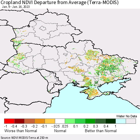 Ukraine, Moldova and Belarus Cropland NDVI Departure from Average (Terra-MODIS) Thematic Map For 1/9/2023 - 1/16/2023
