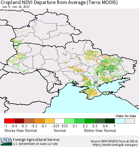 Ukraine, Moldova and Belarus Cropland NDVI Departure from Average (Terra-MODIS) Thematic Map For 1/11/2023 - 1/20/2023